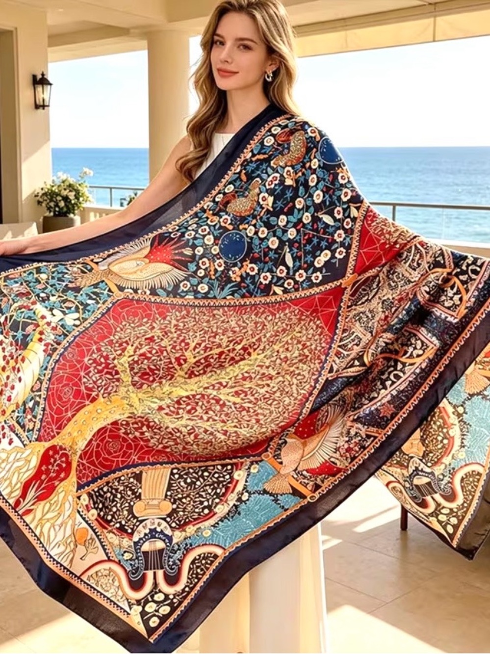 Luxurious Multicolor Printed Silk-Feel Scarf - Elegant Women’s Accessory